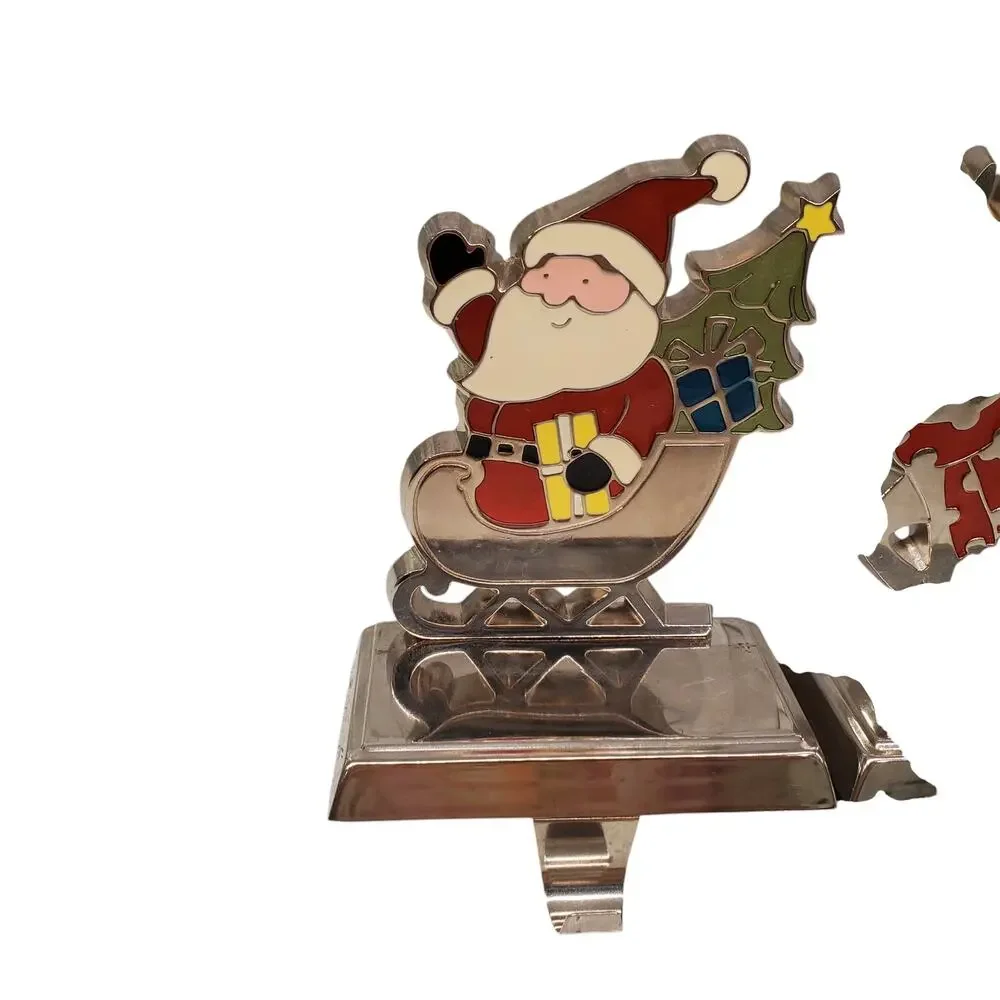 Vintage Santa Claus and Reindeer Stocking Holders Heavy Metal